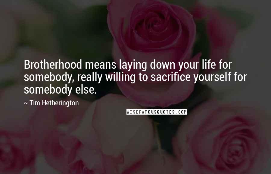 Tim Hetherington Quotes: Brotherhood means laying down your life for somebody, really willing to sacrifice yourself for somebody else.