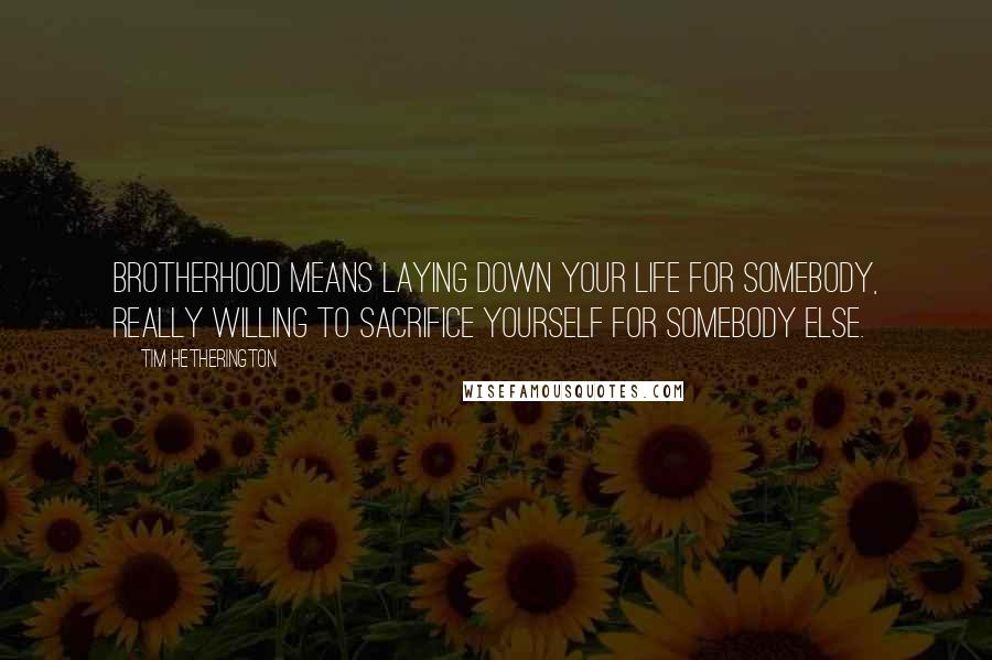 Tim Hetherington Quotes: Brotherhood means laying down your life for somebody, really willing to sacrifice yourself for somebody else.