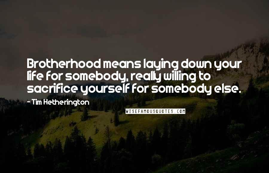 Tim Hetherington Quotes: Brotherhood means laying down your life for somebody, really willing to sacrifice yourself for somebody else.