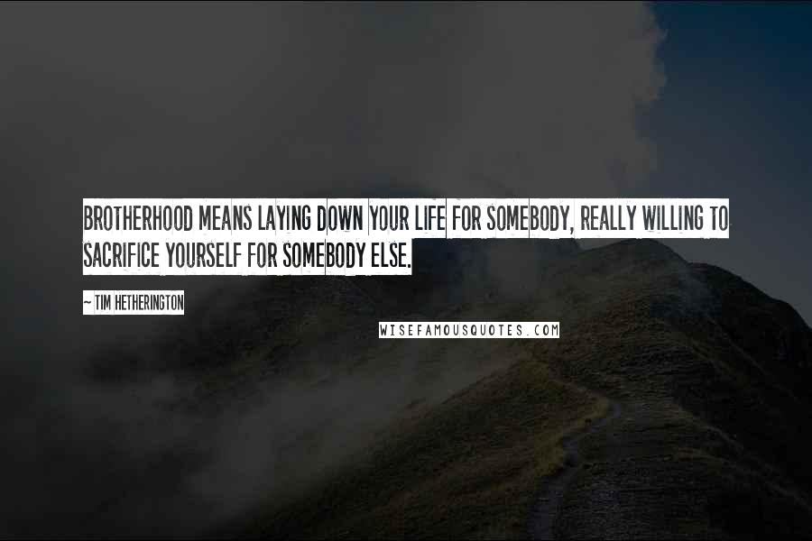 Tim Hetherington Quotes: Brotherhood means laying down your life for somebody, really willing to sacrifice yourself for somebody else.