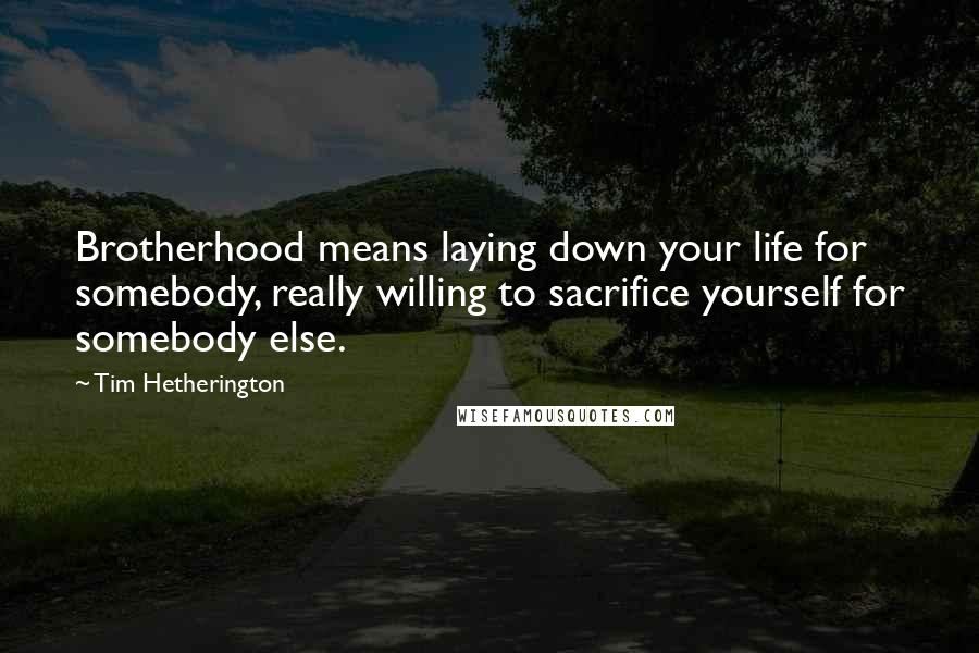 Tim Hetherington Quotes: Brotherhood means laying down your life for somebody, really willing to sacrifice yourself for somebody else.