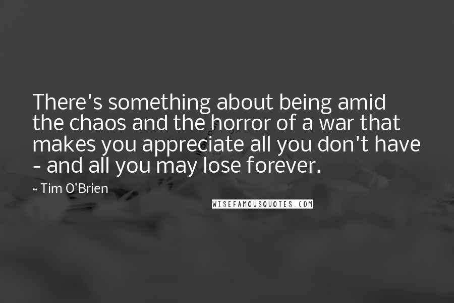 Tim O'Brien Quotes: There's something about being amid the chaos and the horror of a war that makes you appreciate all you don't have - and all you may lose forever.
