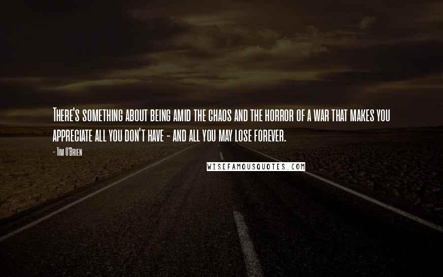 Tim O'Brien Quotes: There's something about being amid the chaos and the horror of a war that makes you appreciate all you don't have - and all you may lose forever.