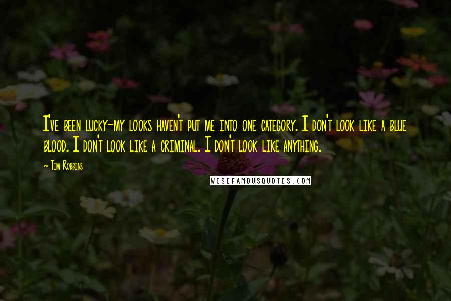 Tim Robbins Quotes: I've been lucky-my looks haven't put me into one category. I don't look like a blue blood. I don't look like a criminal. I don't look like anything.