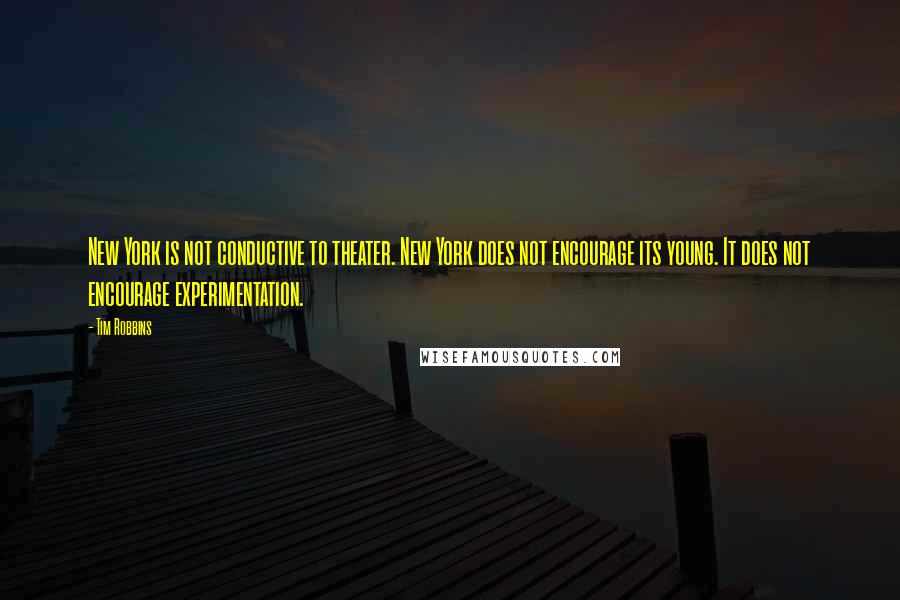 Tim Robbins Quotes: New York is not conductive to theater. New York does not encourage its young. It does not encourage experimentation.