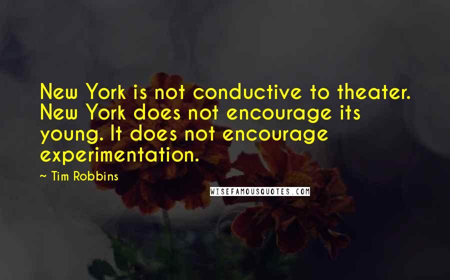 Tim Robbins Quotes: New York is not conductive to theater. New York does not encourage its young. It does not encourage experimentation.