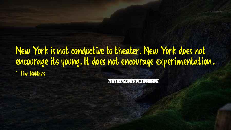 Tim Robbins Quotes: New York is not conductive to theater. New York does not encourage its young. It does not encourage experimentation.