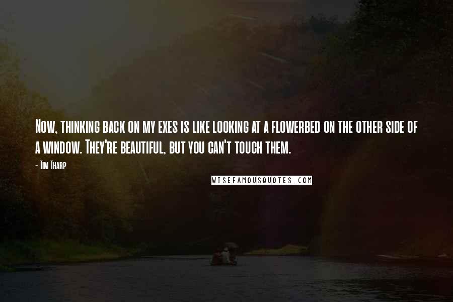 Tim Tharp Quotes: Now, thinking back on my exes is like looking at a flowerbed on the other side of a window. They're beautiful, but you can't touch them.