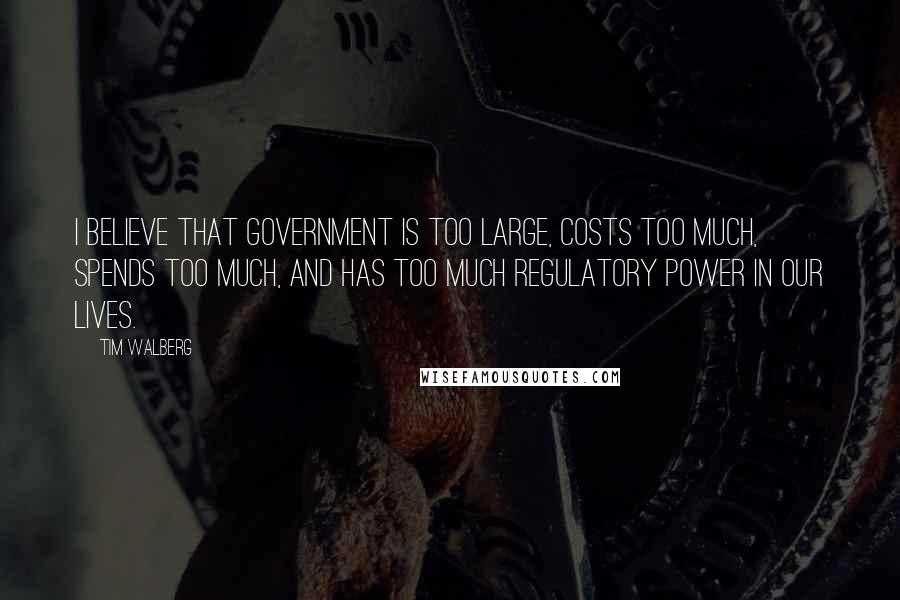 Tim Walberg Quotes: I believe that government is too large, costs too much, spends too much, and has too much regulatory power in our lives.