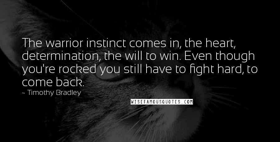 Timothy Bradley Quotes: The warrior instinct comes in, the heart, determination, the will to win. Even though you're rocked you still have to fight hard, to come back.