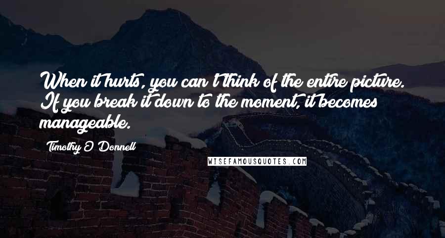Timothy O'Donnell Quotes: When it hurts, you can't think of the entire picture. If you break it down to the moment, it becomes manageable.
