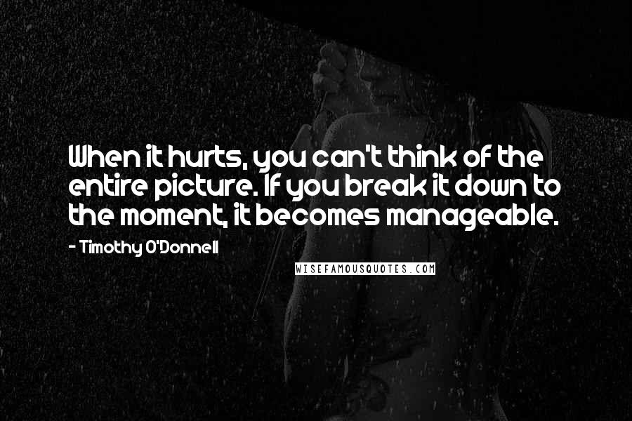 Timothy O'Donnell Quotes: When it hurts, you can't think of the entire picture. If you break it down to the moment, it becomes manageable.