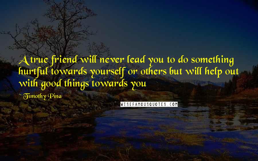 Timothy Pina Quotes: A true friend will never lead you to do something hurtful towards yourself or others but will help out with good things towards you