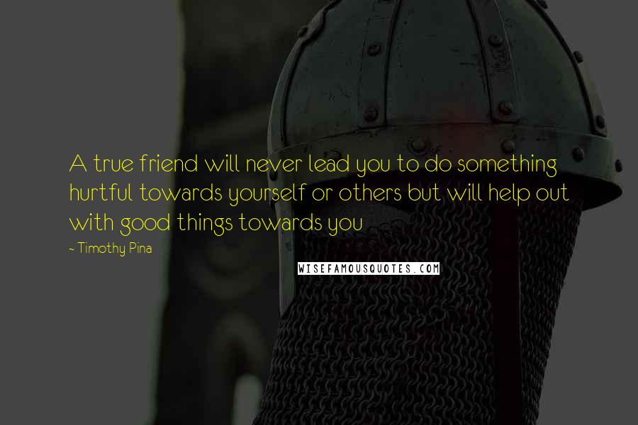 Timothy Pina Quotes: A true friend will never lead you to do something hurtful towards yourself or others but will help out with good things towards you