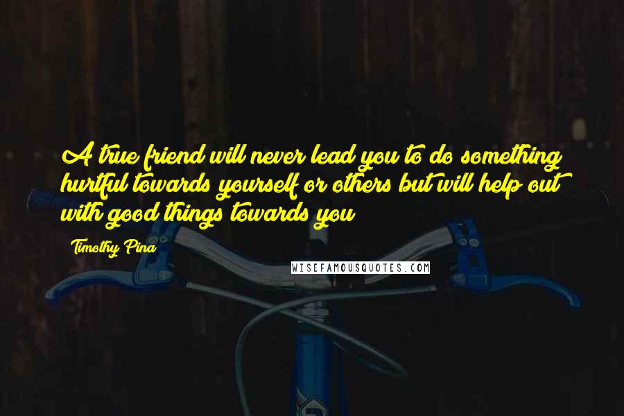 Timothy Pina Quotes: A true friend will never lead you to do something hurtful towards yourself or others but will help out with good things towards you