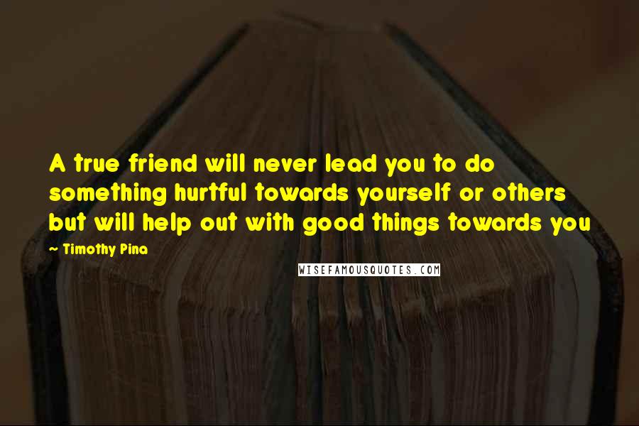 Timothy Pina Quotes: A true friend will never lead you to do something hurtful towards yourself or others but will help out with good things towards you