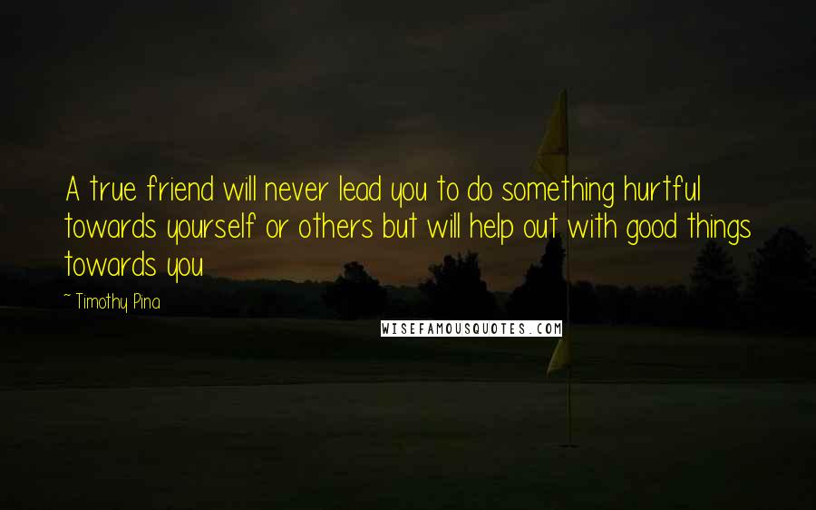 Timothy Pina Quotes: A true friend will never lead you to do something hurtful towards yourself or others but will help out with good things towards you