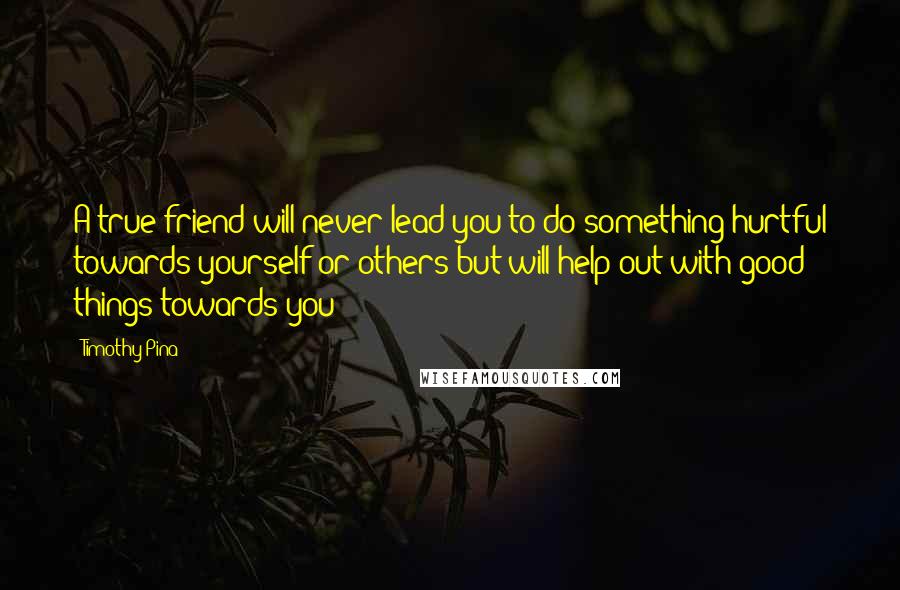 Timothy Pina Quotes: A true friend will never lead you to do something hurtful towards yourself or others but will help out with good things towards you