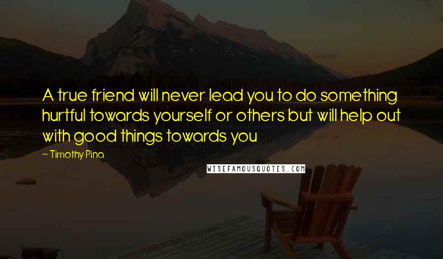 Timothy Pina Quotes: A true friend will never lead you to do something hurtful towards yourself or others but will help out with good things towards you