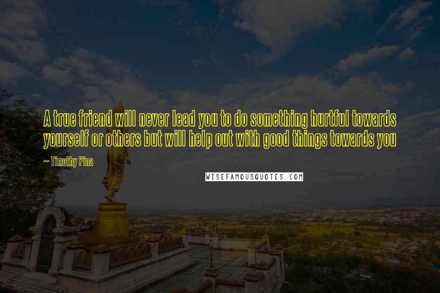 Timothy Pina Quotes: A true friend will never lead you to do something hurtful towards yourself or others but will help out with good things towards you