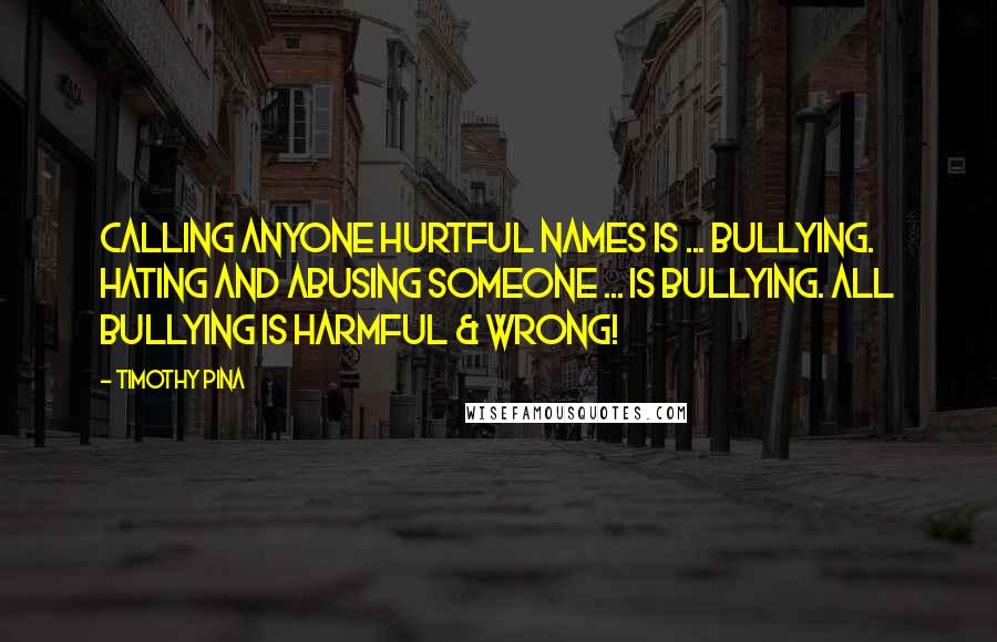 Timothy Pina Quotes: Calling anyone hurtful names is ... bullying. Hating and abusing someone ... is bullying. All Bullying is harmful & wrong!