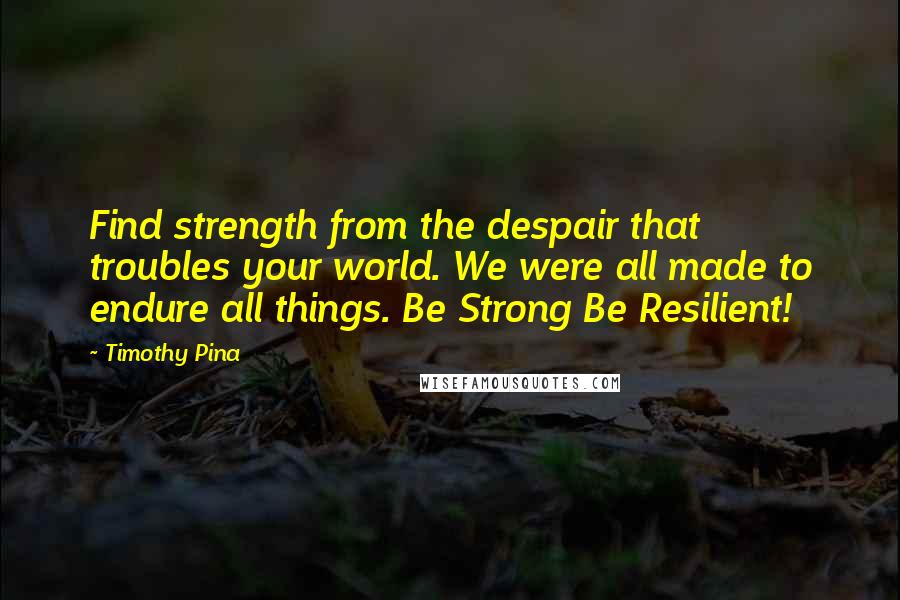 Timothy Pina Quotes: Find strength from the despair that troubles your world. We were all made to endure all things. Be Strong Be Resilient!