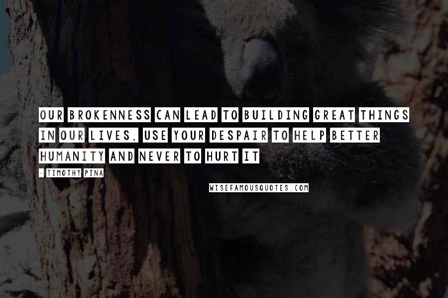 Timothy Pina Quotes: Our brokenness can lead to building great things in our lives. Use your despair to help better humanity and never to hurt it