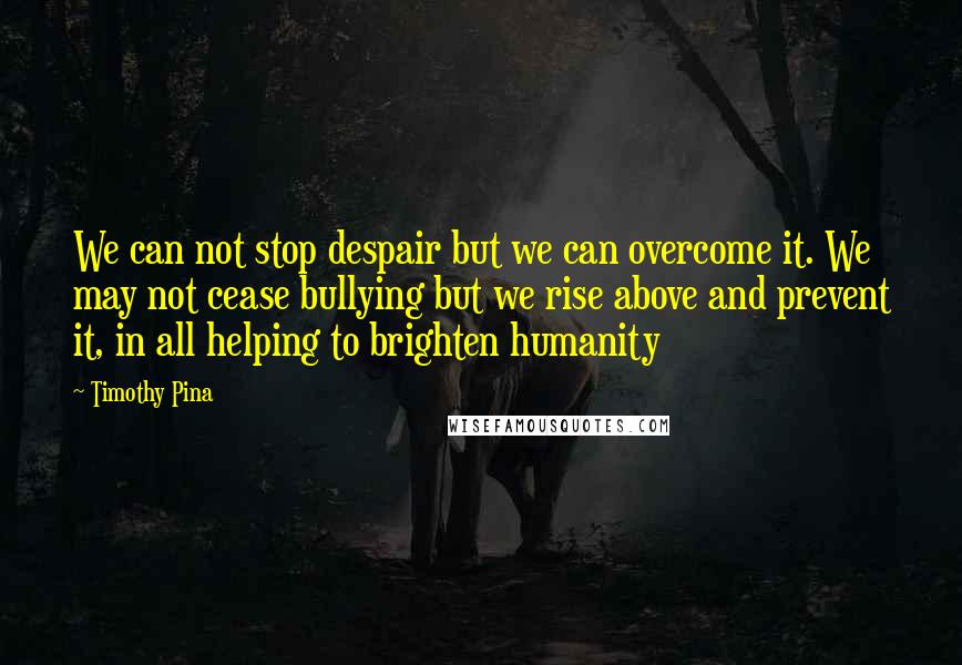 Timothy Pina Quotes: We can not stop despair but we can overcome it. We may not cease bullying but we rise above and prevent it, in all helping to brighten humanity