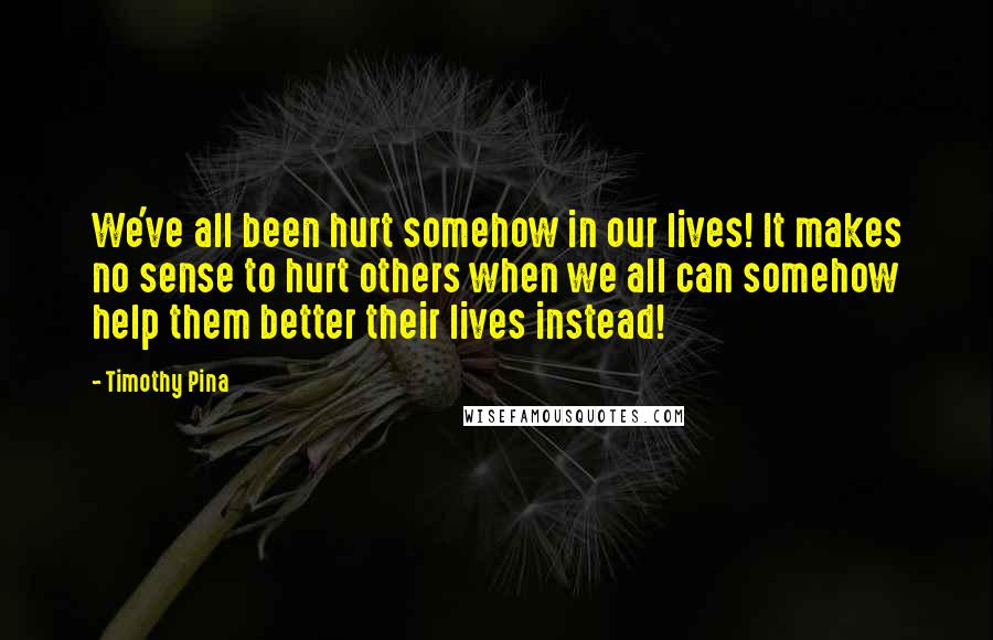 Timothy Pina Quotes: We've all been hurt somehow in our lives! It makes no sense to hurt others when we all can somehow help them better their lives instead!