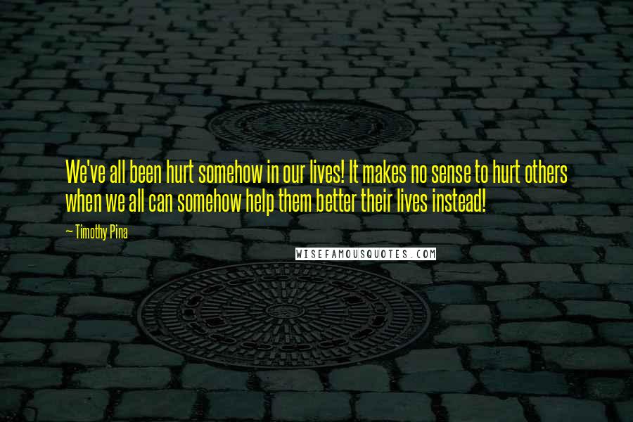 Timothy Pina Quotes: We've all been hurt somehow in our lives! It makes no sense to hurt others when we all can somehow help them better their lives instead!