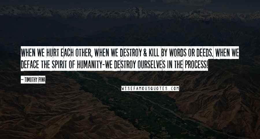 Timothy Pina Quotes: When we hurt each other, when we destroy & kill by words or deeds. When we deface the spirit of humanity-we destroy ourselves in the process!