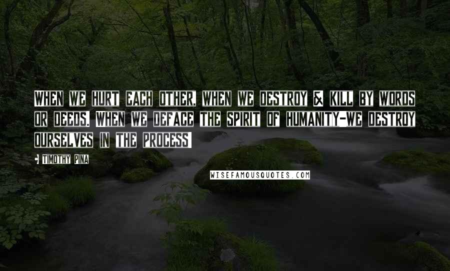 Timothy Pina Quotes: When we hurt each other, when we destroy & kill by words or deeds. When we deface the spirit of humanity-we destroy ourselves in the process!