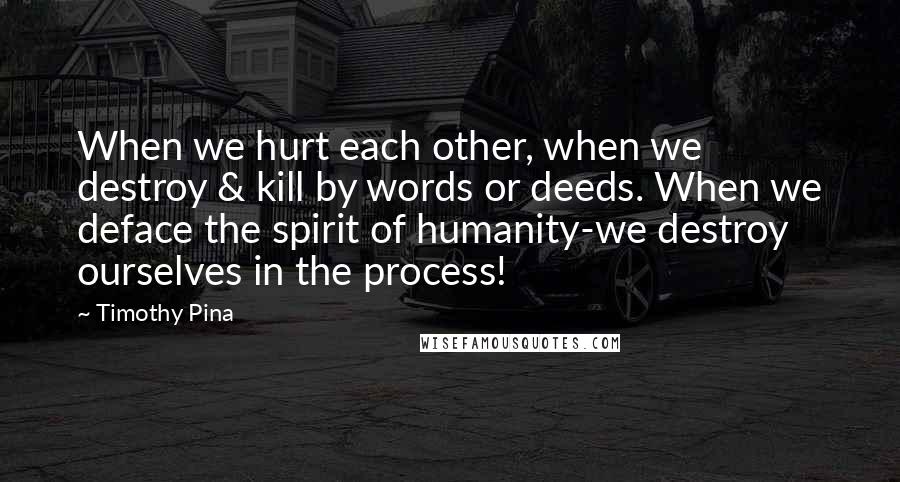 Timothy Pina Quotes: When we hurt each other, when we destroy & kill by words or deeds. When we deface the spirit of humanity-we destroy ourselves in the process!