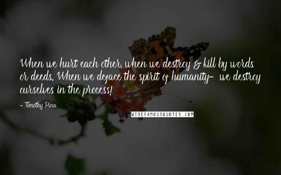 Timothy Pina Quotes: When we hurt each other, when we destroy & kill by words or deeds. When we deface the spirit of humanity-we destroy ourselves in the process!