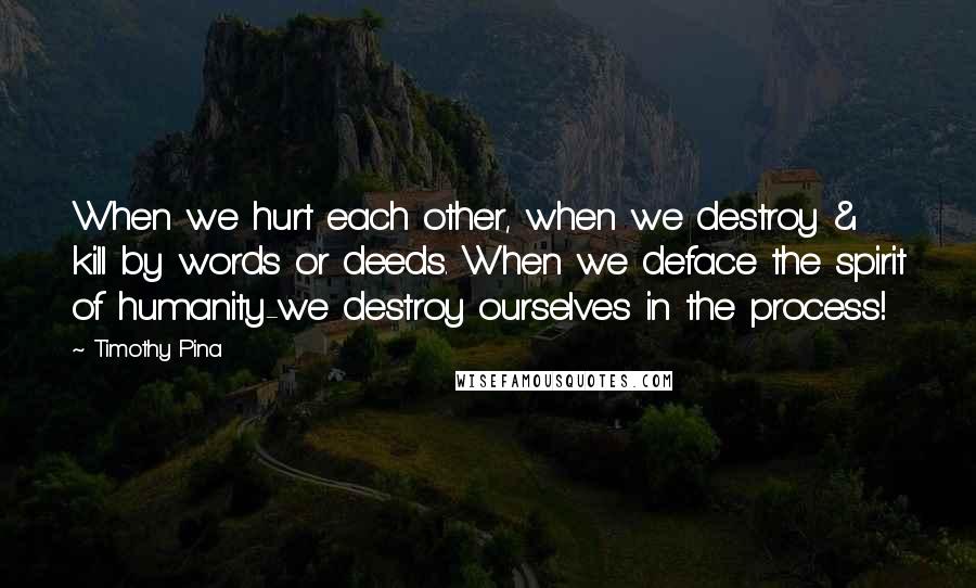 Timothy Pina Quotes: When we hurt each other, when we destroy & kill by words or deeds. When we deface the spirit of humanity-we destroy ourselves in the process!