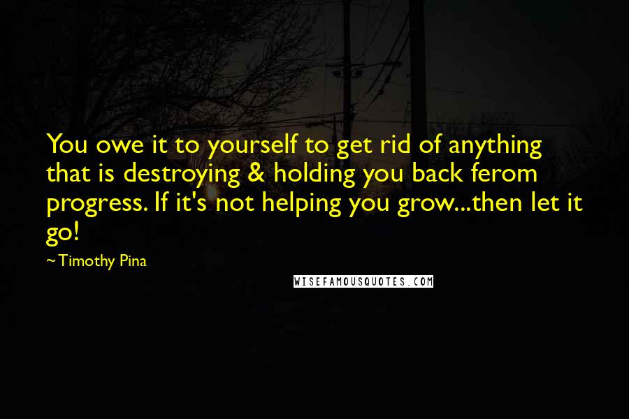 Timothy Pina Quotes: You owe it to yourself to get rid of anything that is destroying & holding you back ferom progress. If it's not helping you grow...then let it go!