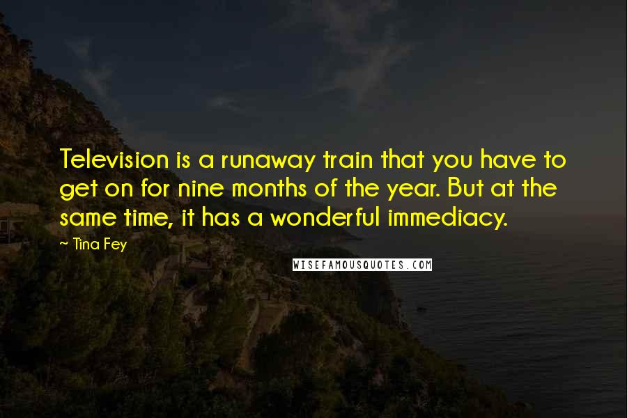 Tina Fey Quotes: Television is a runaway train that you have to get on for nine months of the year. But at the same time, it has a wonderful immediacy.