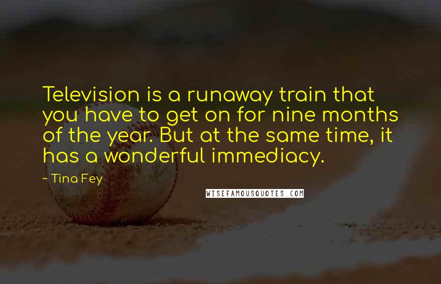 Tina Fey Quotes: Television is a runaway train that you have to get on for nine months of the year. But at the same time, it has a wonderful immediacy.