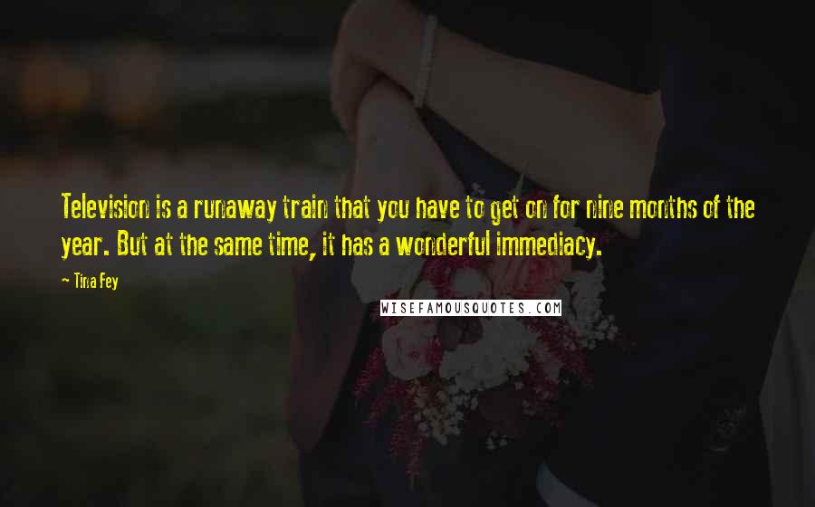 Tina Fey Quotes: Television is a runaway train that you have to get on for nine months of the year. But at the same time, it has a wonderful immediacy.