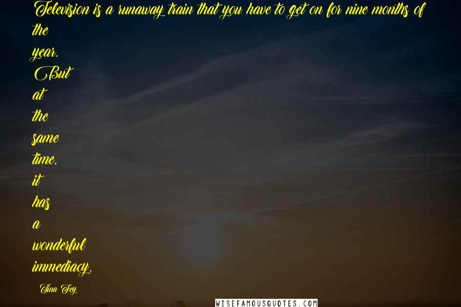 Tina Fey Quotes: Television is a runaway train that you have to get on for nine months of the year. But at the same time, it has a wonderful immediacy.