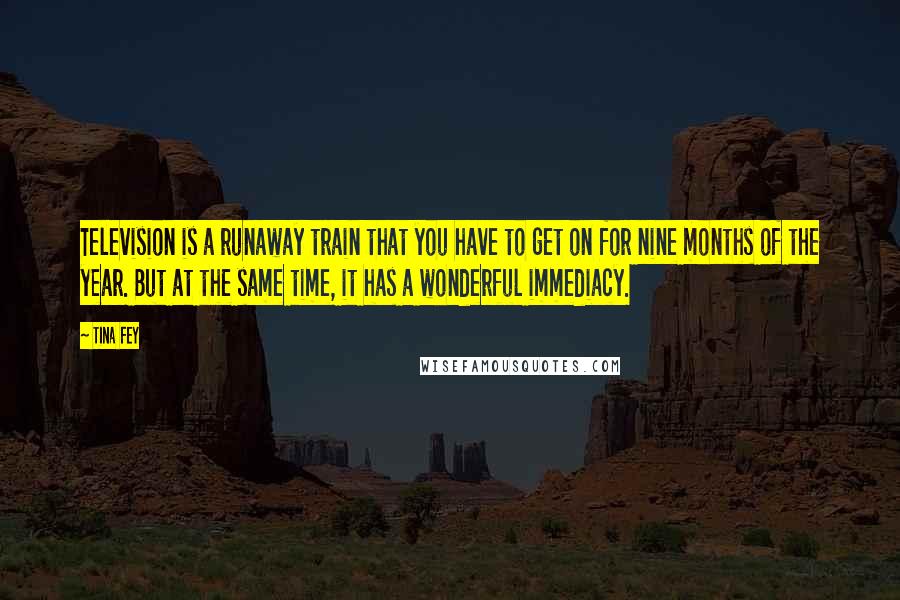 Tina Fey Quotes: Television is a runaway train that you have to get on for nine months of the year. But at the same time, it has a wonderful immediacy.