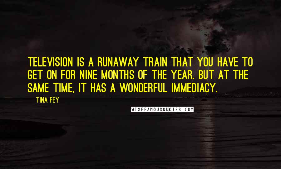 Tina Fey Quotes: Television is a runaway train that you have to get on for nine months of the year. But at the same time, it has a wonderful immediacy.