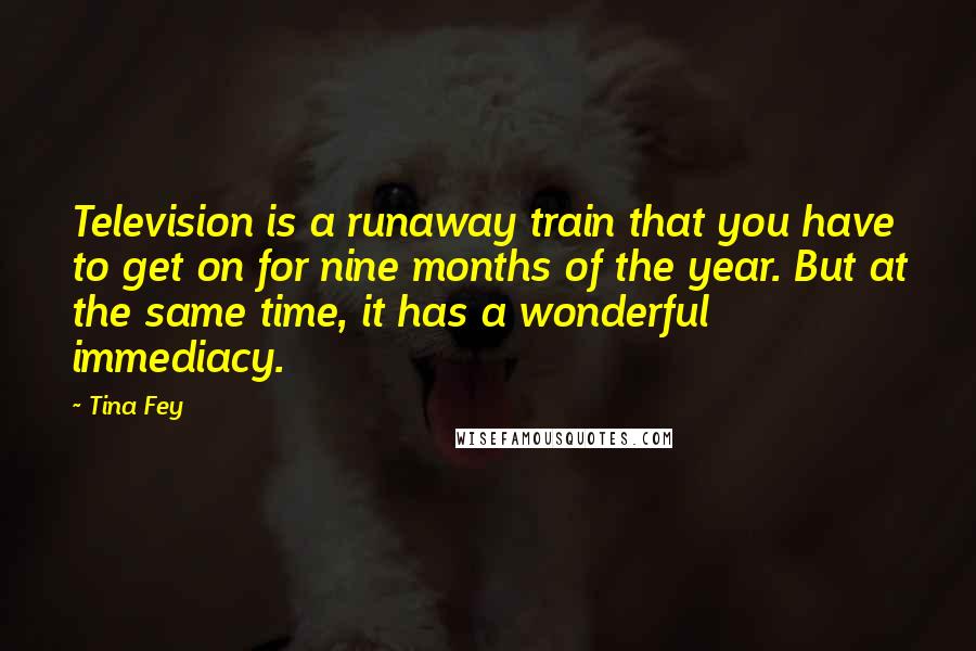 Tina Fey Quotes: Television is a runaway train that you have to get on for nine months of the year. But at the same time, it has a wonderful immediacy.