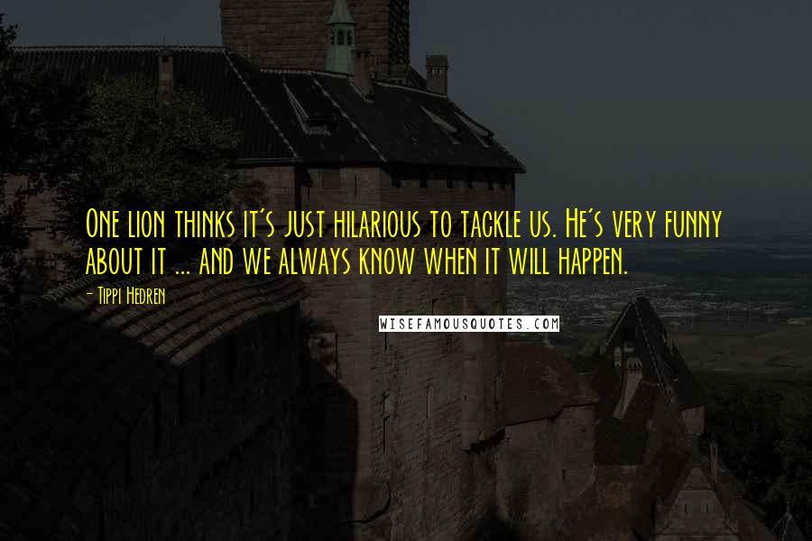 Tippi Hedren Quotes: One lion thinks it's just hilarious to tackle us. He's very funny about it ... and we always know when it will happen.