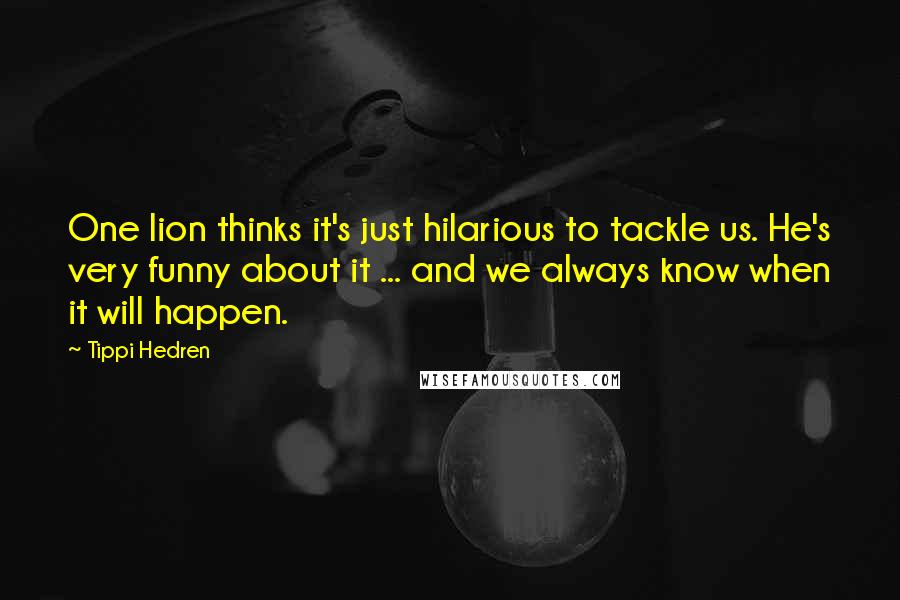 Tippi Hedren Quotes: One lion thinks it's just hilarious to tackle us. He's very funny about it ... and we always know when it will happen.