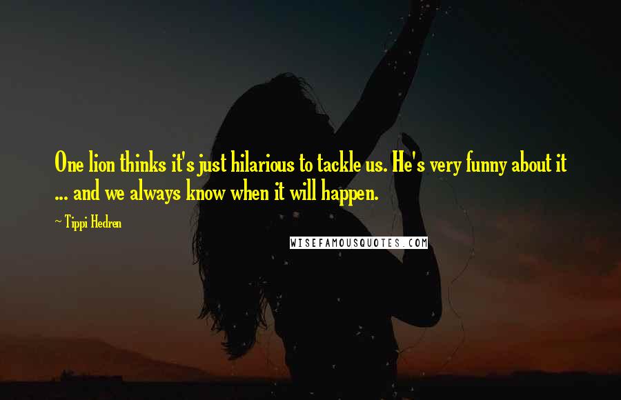 Tippi Hedren Quotes: One lion thinks it's just hilarious to tackle us. He's very funny about it ... and we always know when it will happen.