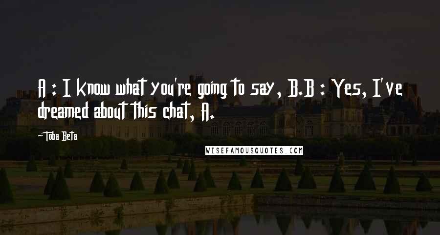 Toba Beta Quotes: A : I know what you're going to say, B.B : Yes, I've dreamed about this chat, A.