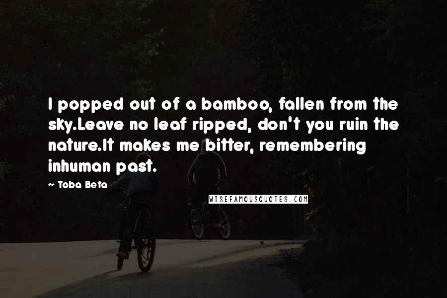 Toba Beta Quotes: I popped out of a bamboo, fallen from the sky.Leave no leaf ripped, don't you ruin the nature.It makes me bitter, remembering inhuman past.