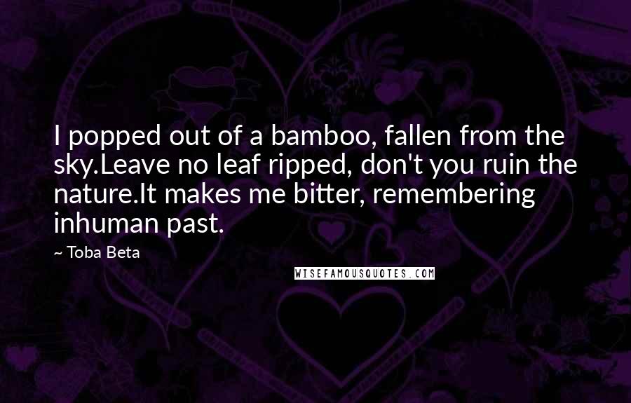 Toba Beta Quotes: I popped out of a bamboo, fallen from the sky.Leave no leaf ripped, don't you ruin the nature.It makes me bitter, remembering inhuman past.
