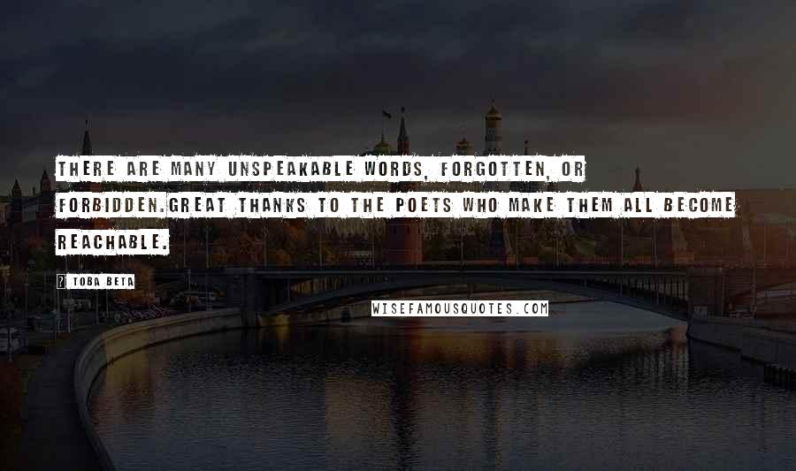 Toba Beta Quotes: There are many unspeakable words, forgotten, or forbidden.Great thanks to the poets who make them all become reachable.